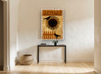 Crows and Sunflower Fence floral canvas print on the wall of a hallway