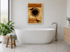 Crows and Sunflower Fence floral canvas print on the wall of a bathroom