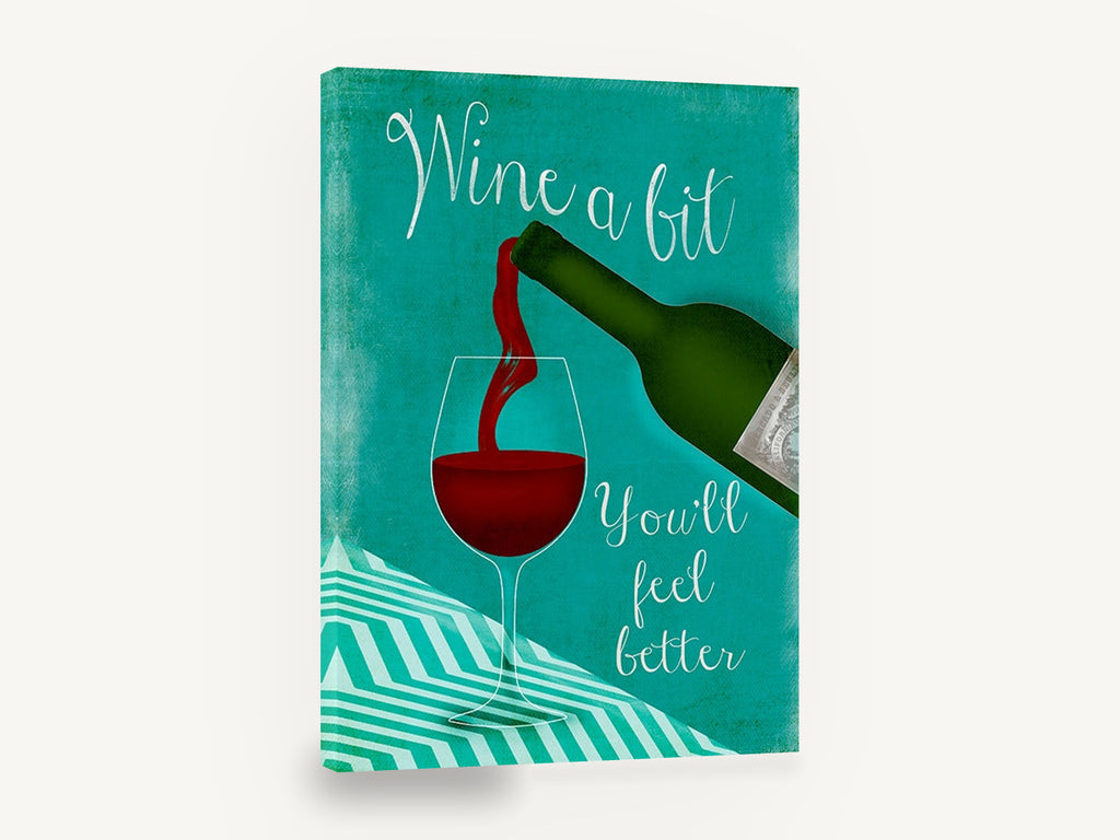 Wine A Bit Teal Pour, red wine pour typography kitchen, kitchen canvas wall art print ready to hang