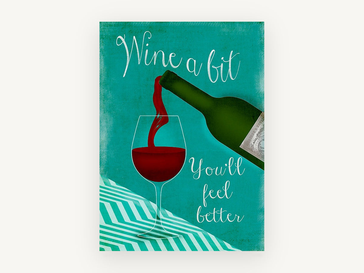 Wine A Bit Teal Pour, kitchen canvas wall art print, front view