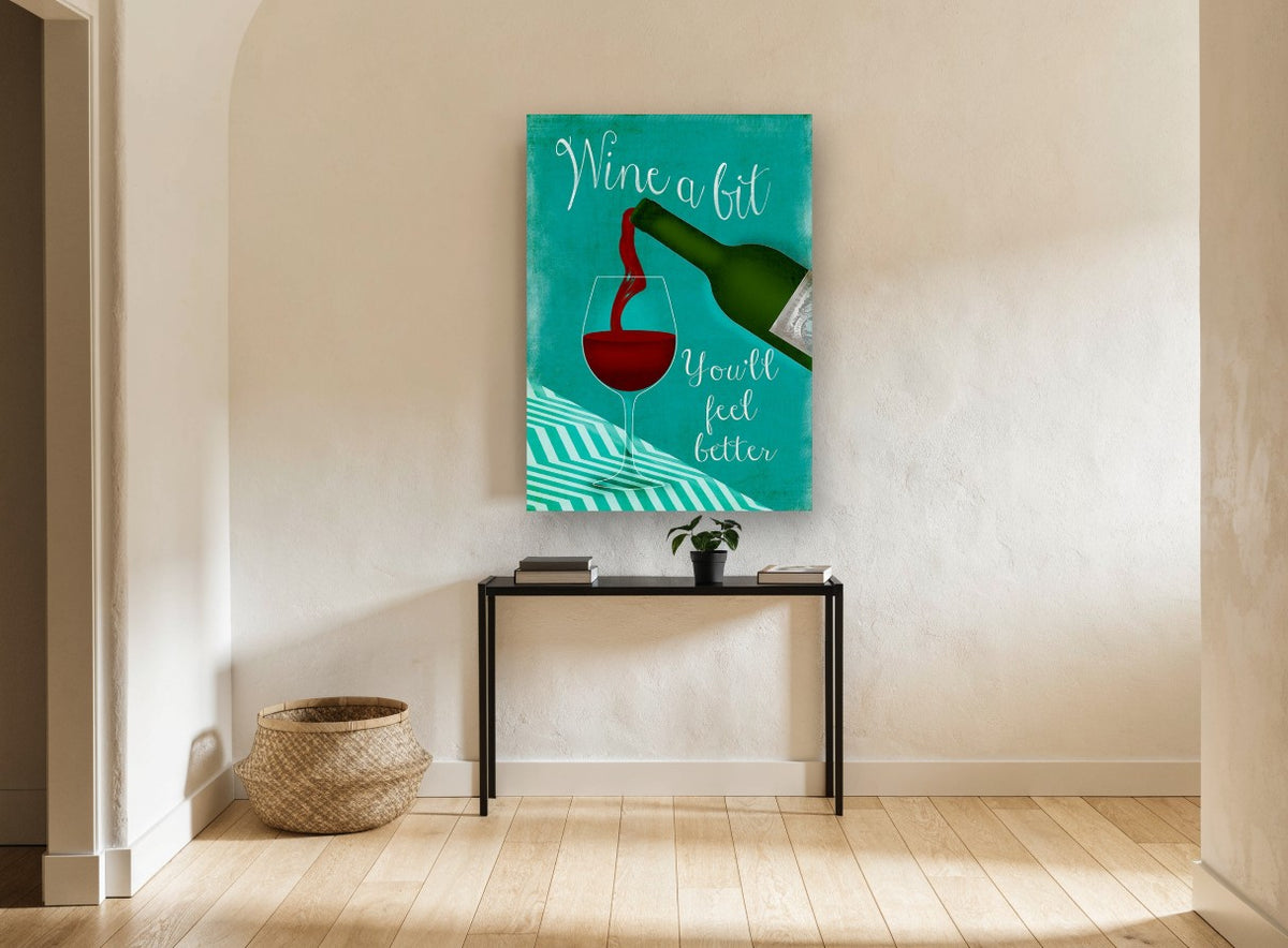 Wine A Bit Teal Pour kitchen canvas print on the wall of a hallway