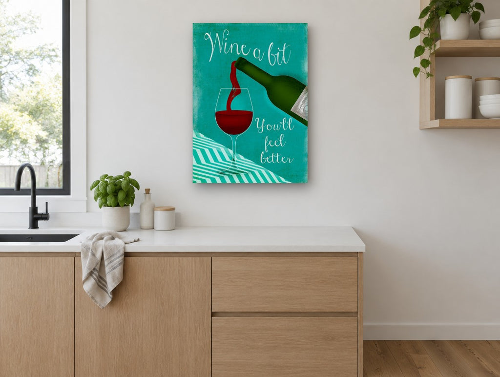 Wine A Bit Teal Pour kitchen canvas print on the wall of a kitchen
