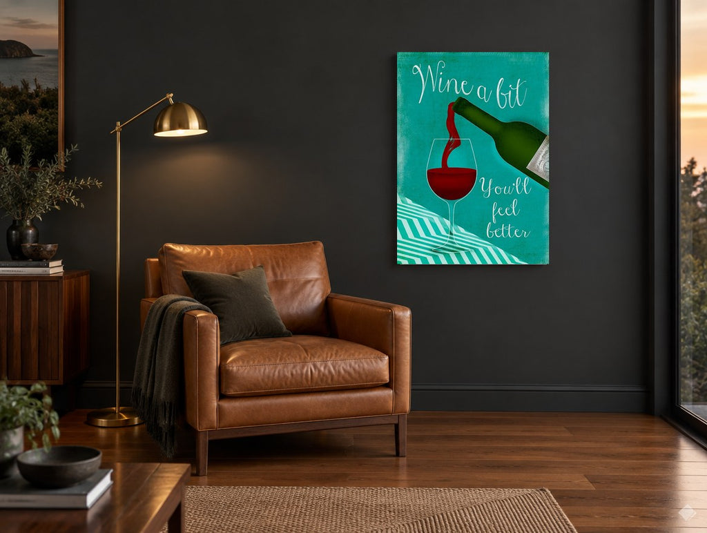 Wine A Bit Teal Pour kitchen canvas print on the wall of a charcoal living room