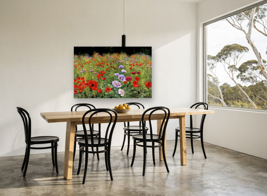 Poppy Meadow Bloom floral canvas print on the wall of a dining room