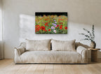 Poppy Meadow Bloom floral canvas print on the wall of a living room