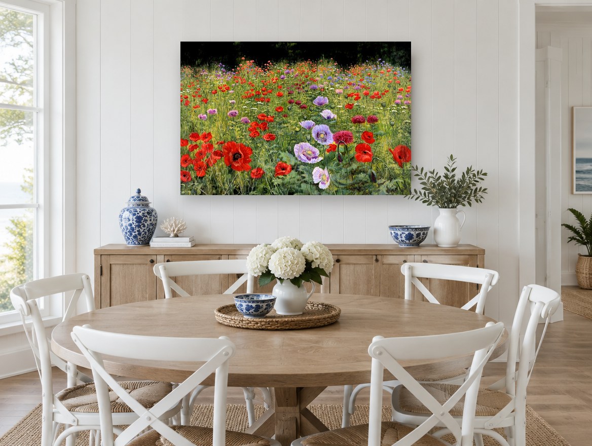 Poppy Meadow Bloom floral canvas print on the wall of a Hamptons dining room
