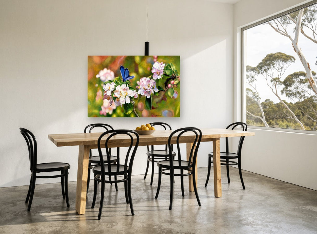 Blue Butterfly Blossom floral canvas print on the wall of a dining room