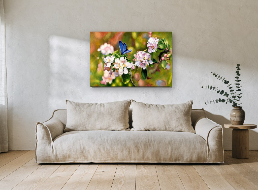 Blue Butterfly Blossom floral canvas print on the wall of a living room
