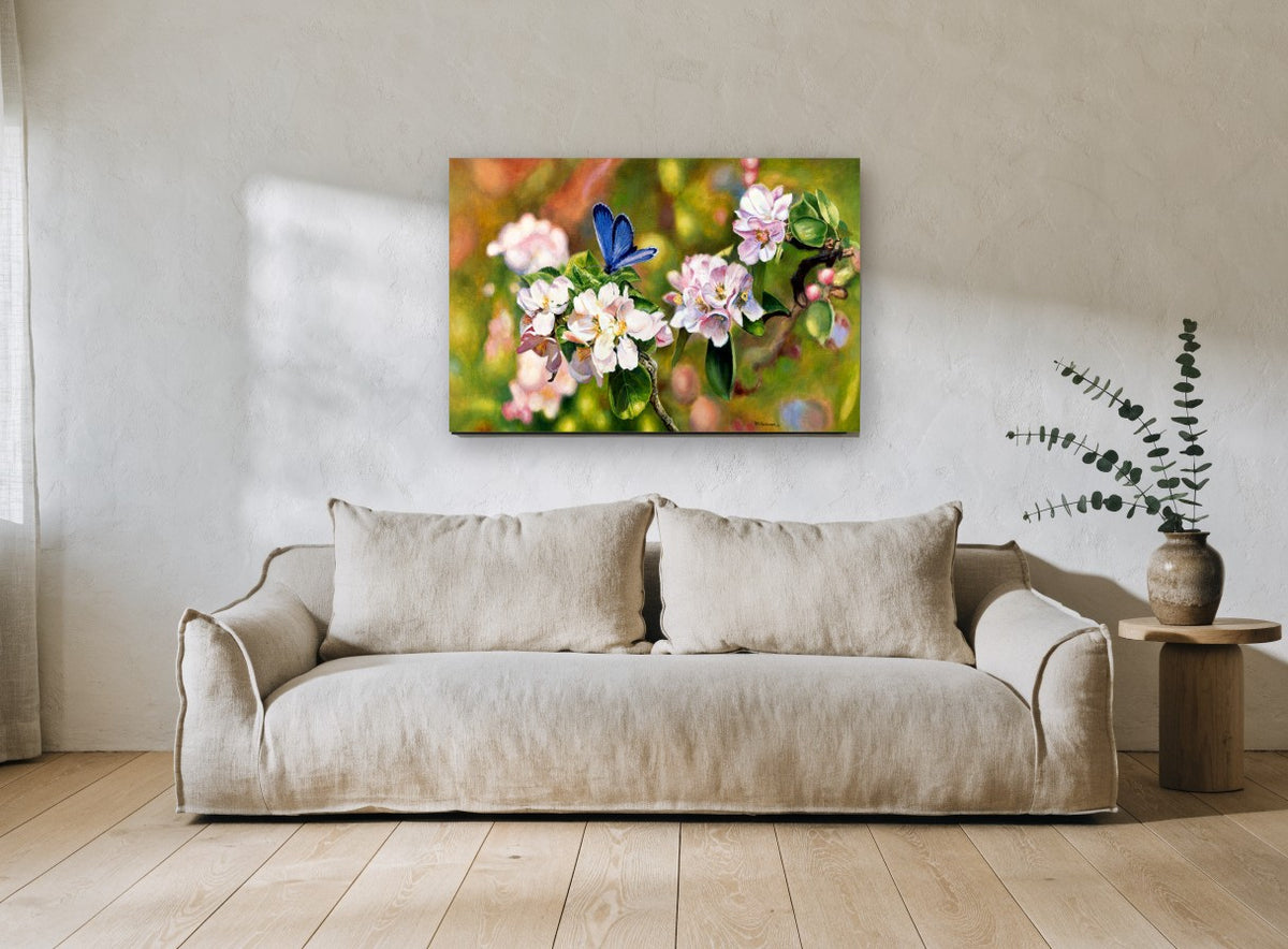 Blue Butterfly Blossom floral canvas print on the wall of a living room