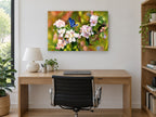 Blue Butterfly Blossom floral canvas print on the wall of a study