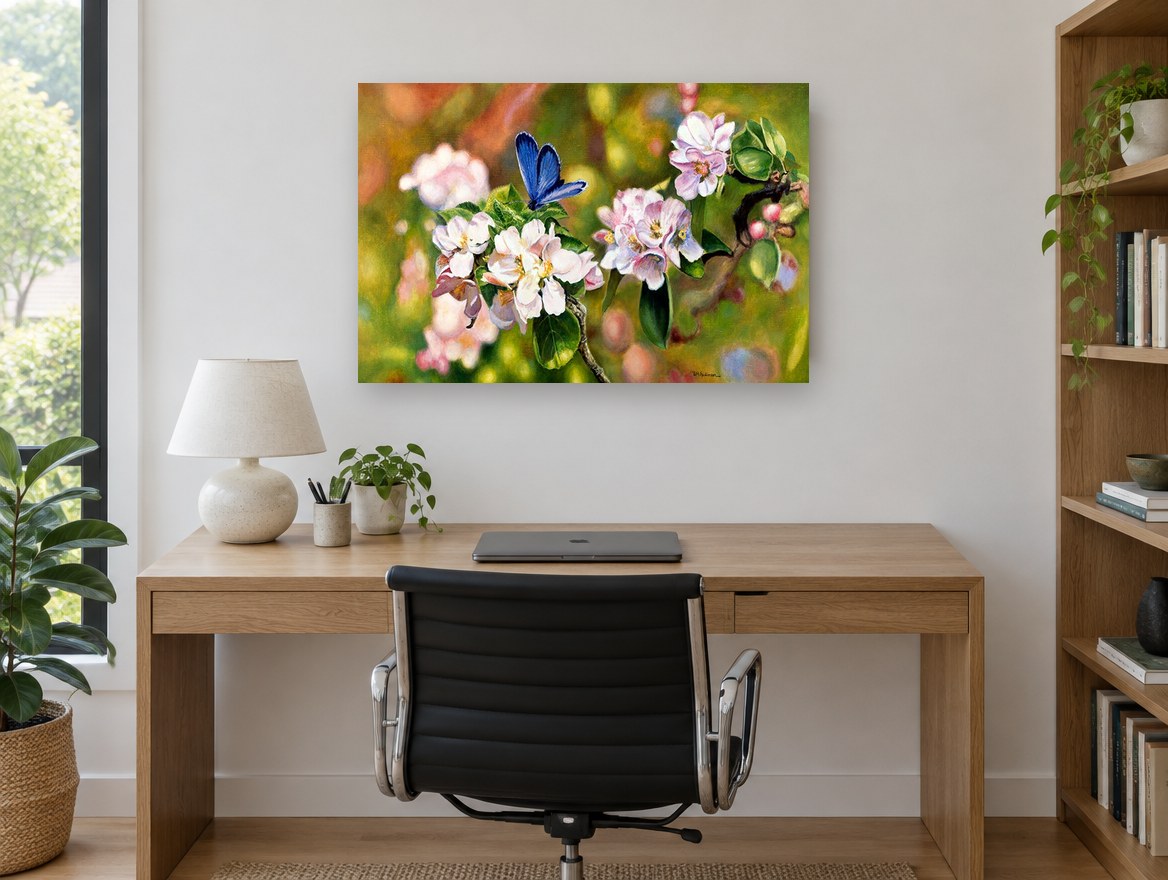 Blue Butterfly Blossom floral canvas print on the wall of a study