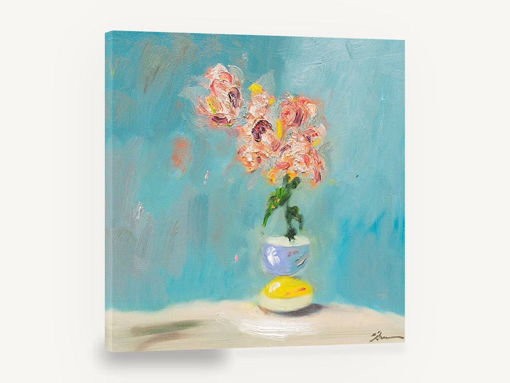 Coral Blooms on Teal, coral flowers in vase teal painting, floral canvas wall art print ready to hang