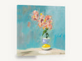 Coral Blooms on Teal, coral flowers in vase teal painting, floral canvas wall art print ready to hang