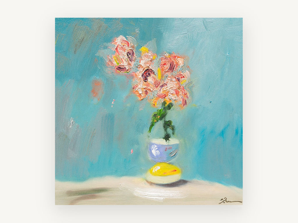 Coral Blooms on Teal, floral canvas wall art print, front view