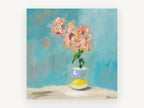 Coral Blooms on Teal, floral canvas wall art print, front view