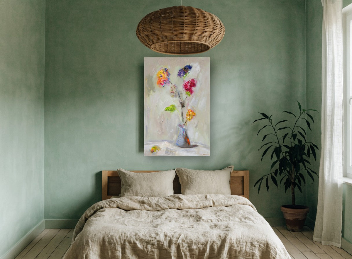 Loose Bouquet in Grey floral canvas print on the wall of a bedroom