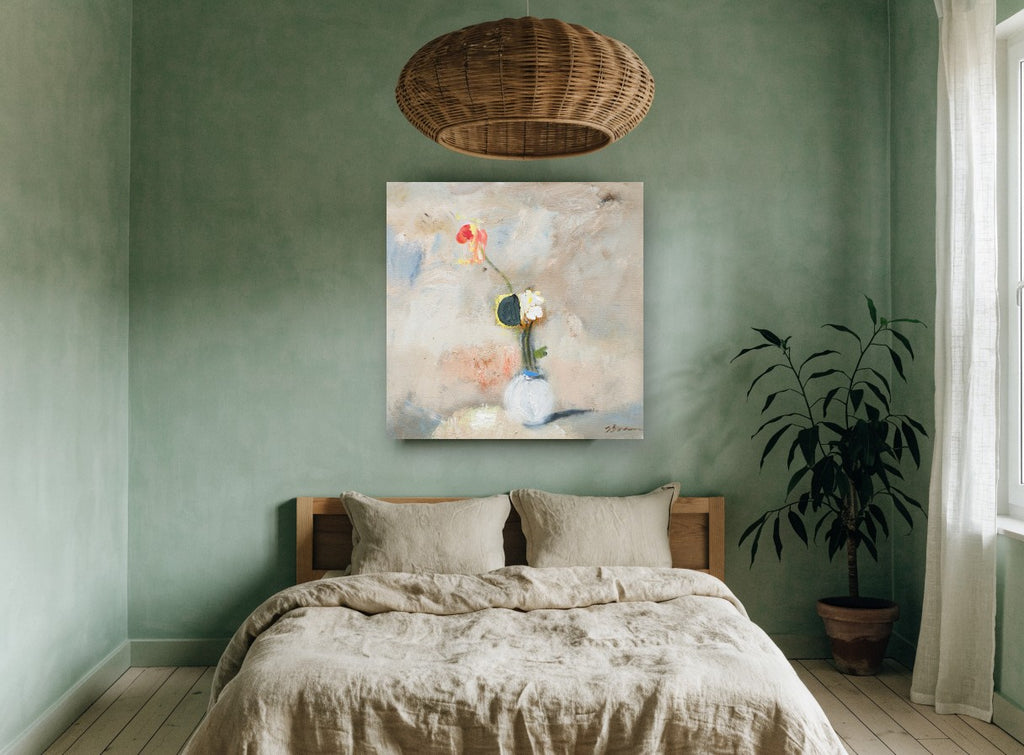Lone Poppy in White Vase floral canvas print on the wall of a bedroom