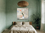 Lone Poppy in White Vase floral canvas print on the wall of a bedroom