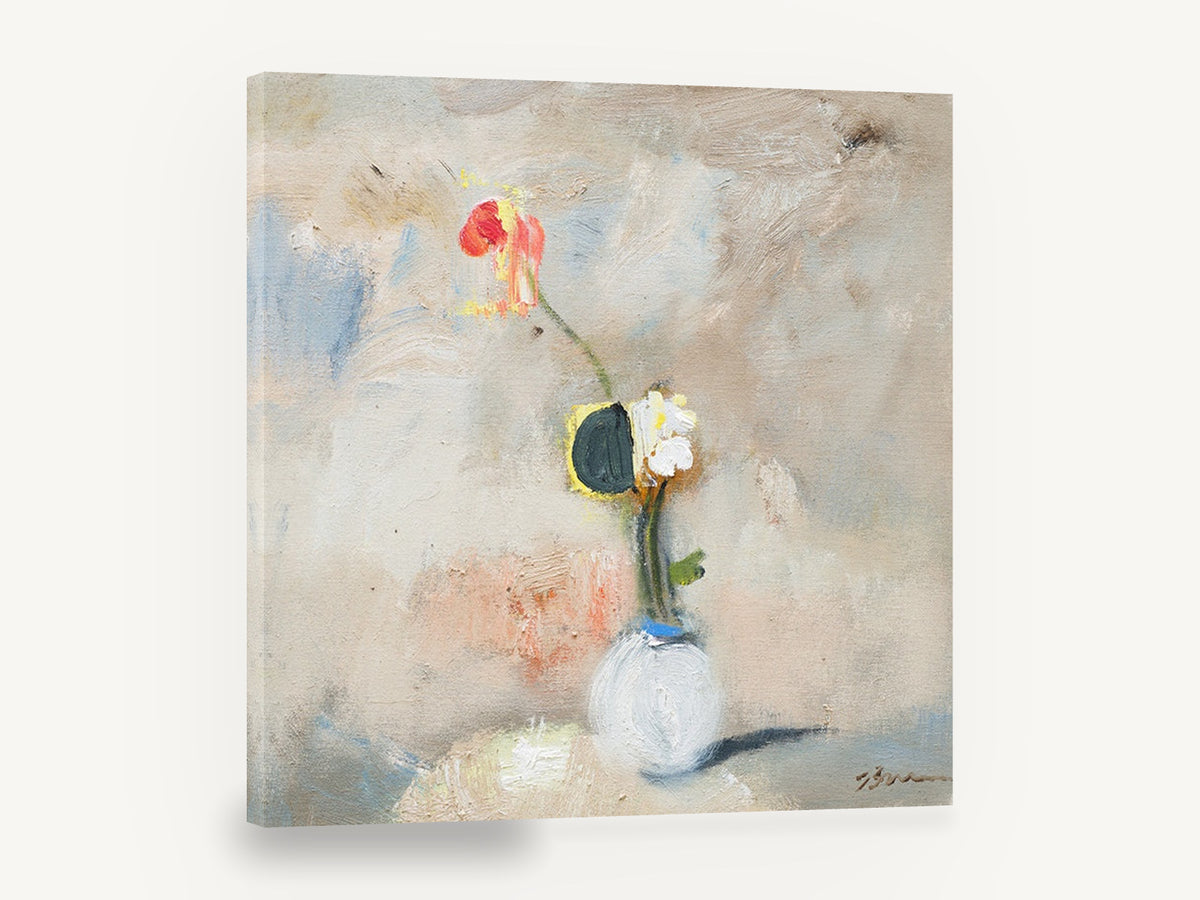 Lone Poppy in White Vase, red flower in vase still life, floral canvas wall art print ready to hang