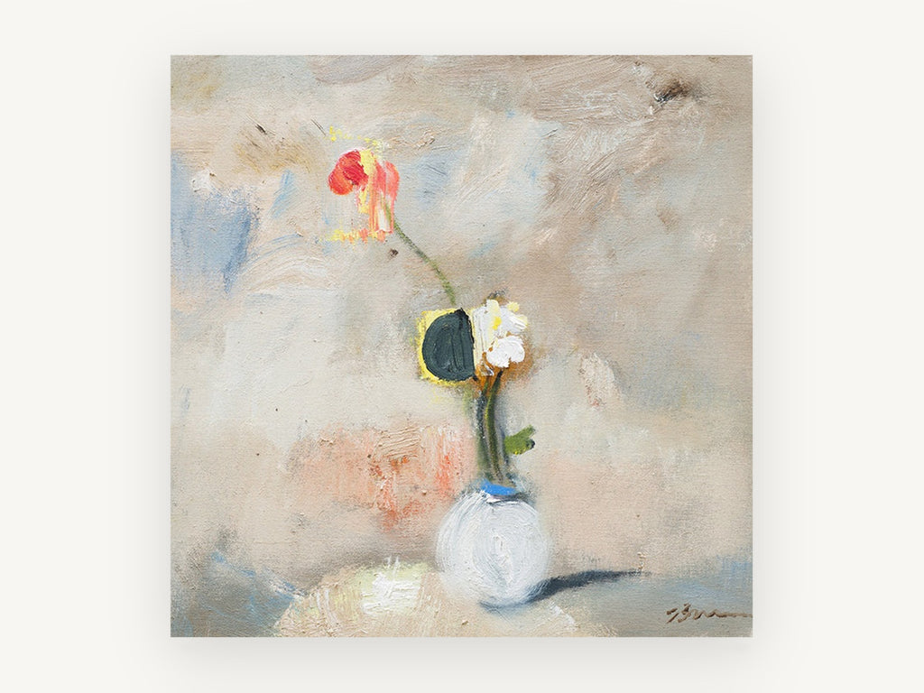 Lone Poppy in White Vase, floral canvas wall art print, front view