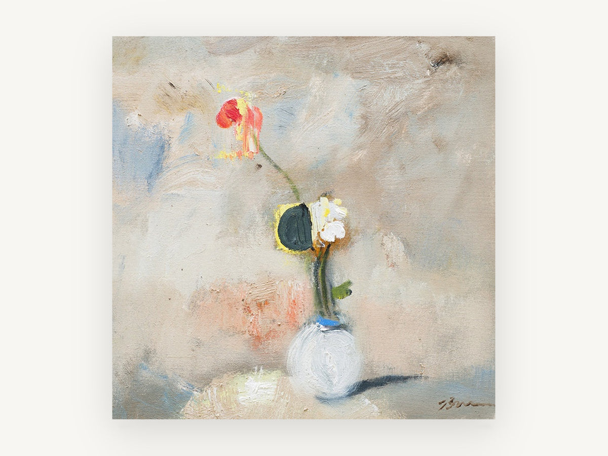 Lone Poppy in White Vase, floral canvas wall art print, front view