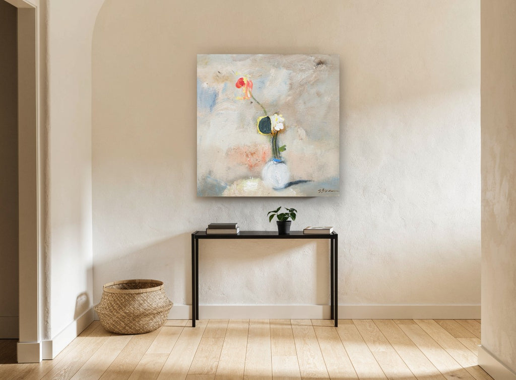 Lone Poppy in White Vase floral canvas print on the wall of a hallway
