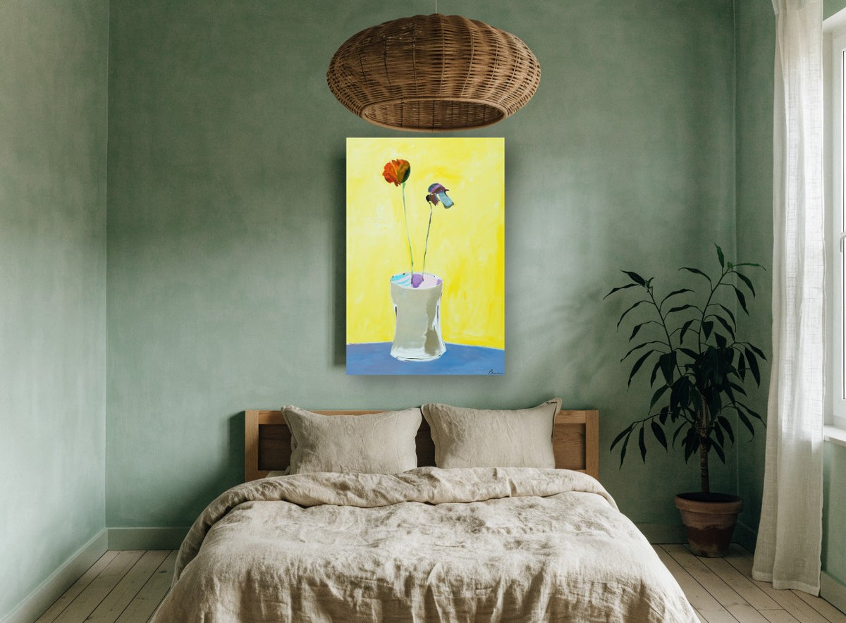 Two Stems on Yellow floral canvas print on the wall of a bedroom