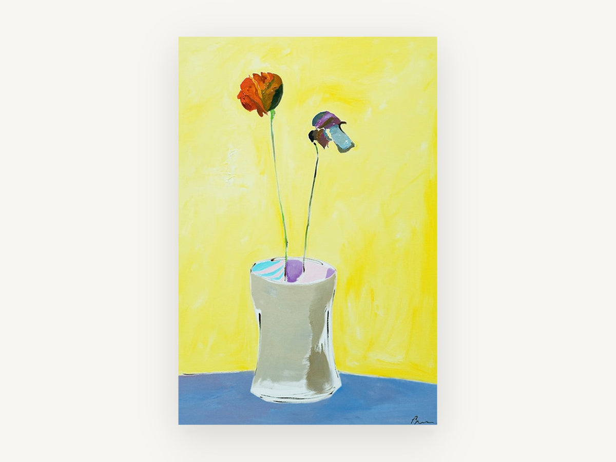 Two Stems on Yellow, floral canvas wall art print, front view