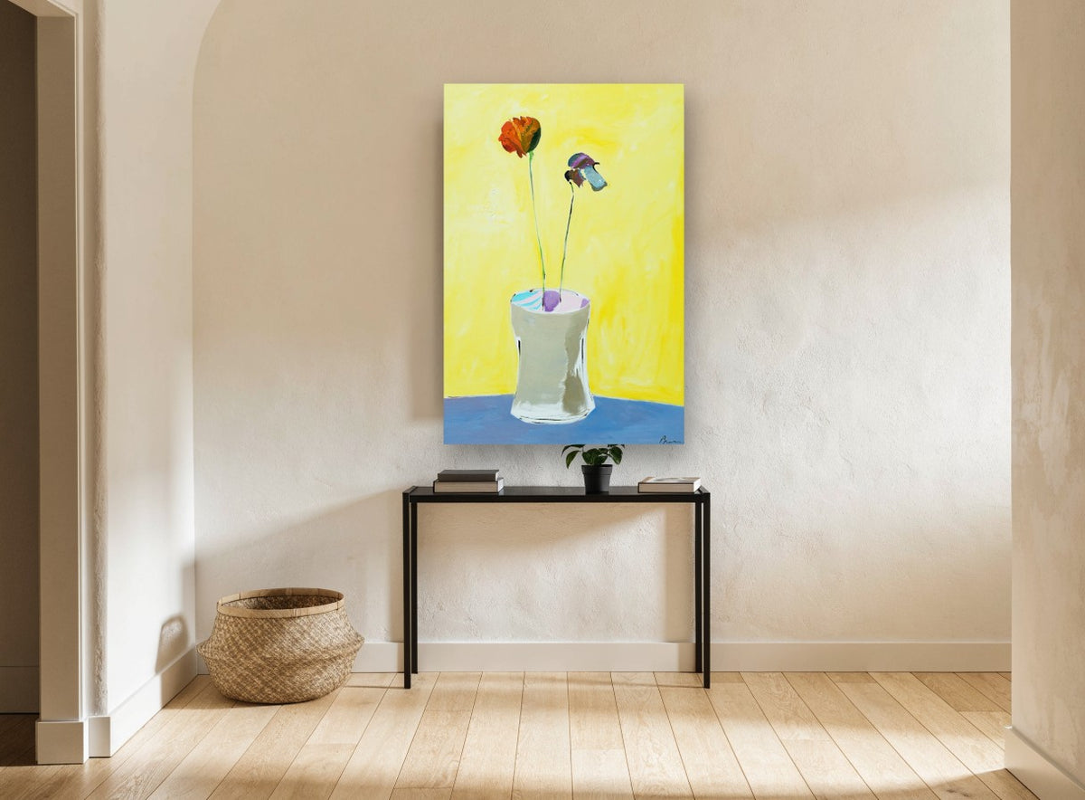 Two Stems on Yellow floral canvas print on the wall of a hallway