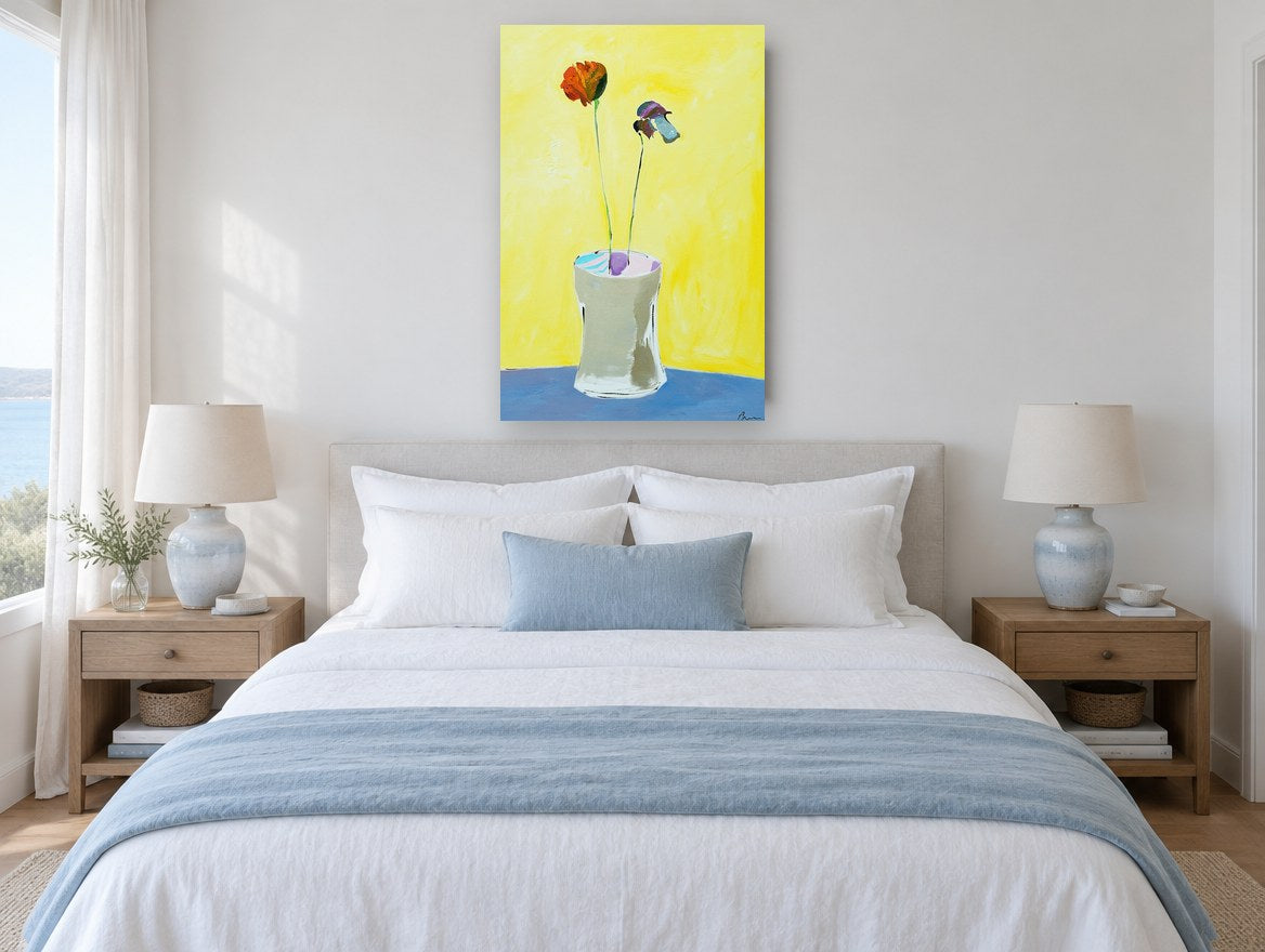 Two Stems on Yellow floral canvas print on the wall of a coastal bedroom