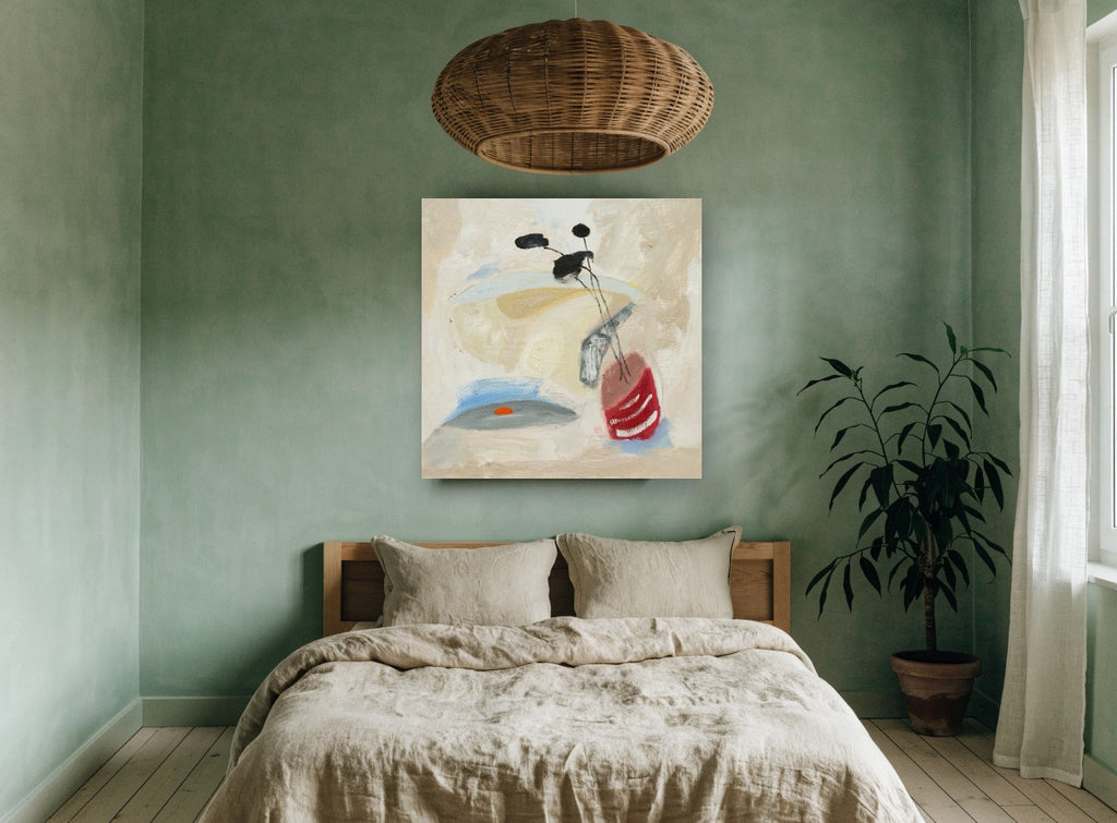 Red Vase Black Stems floral canvas print on the wall of a bedroom