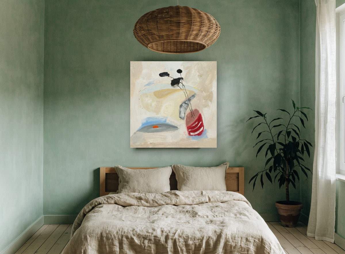 Red Vase Black Stems floral canvas print on the wall of a bedroom