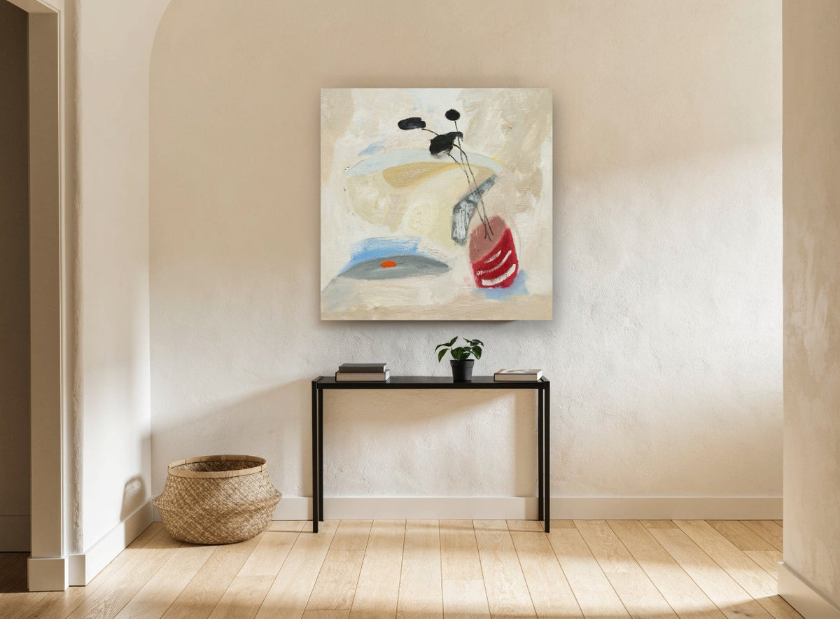 Red Vase Black Stems floral canvas print on the wall of a hallway