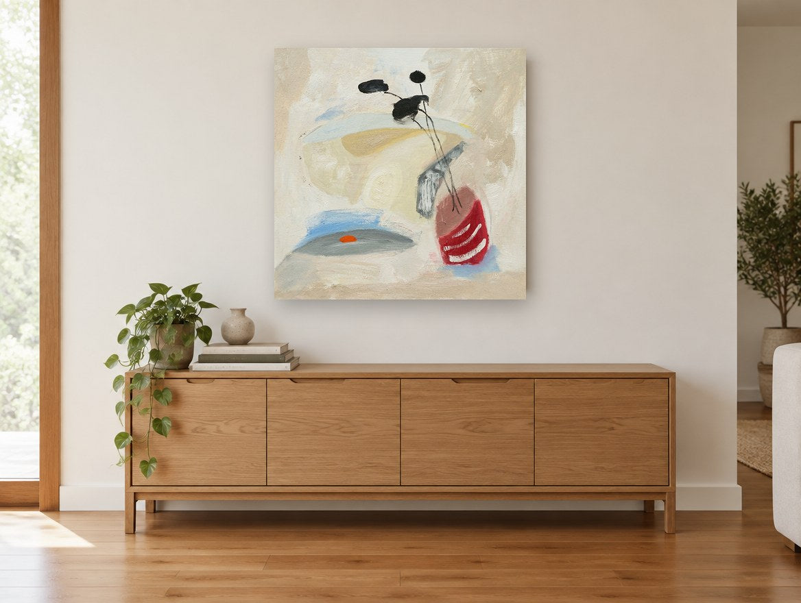 Red Vase Black Stems floral canvas print on the wall of a living room above a sideboard