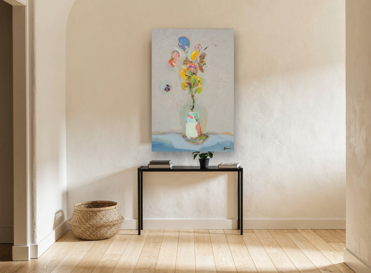 Floating Posy floral canvas print on the wall of a hallway