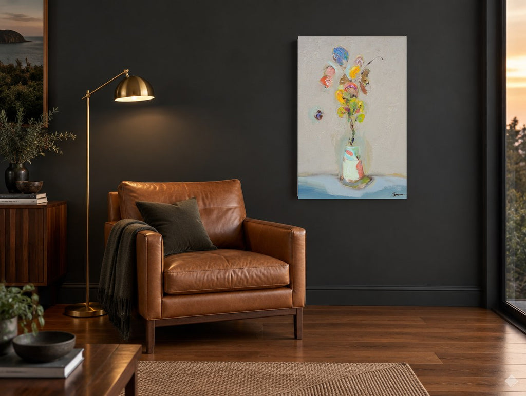 Floating Posy floral canvas print on the wall of a charcoal living room