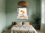 Orange Blooms Striped Backdrop floral canvas print on the wall of a bedroom