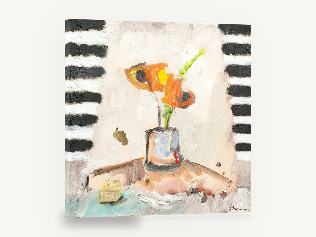 Orange Blooms Striped Backdrop, orange flowers in vase abstract still life, floral canvas wall art print ready to hang