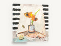 Orange Blooms Striped Backdrop, orange flowers in vase abstract still life, floral canvas wall art print ready to hang