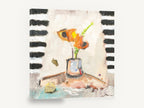 Orange Blooms Striped Backdrop, orange flowers in vase abstract still life, floral canvas wall art print ready to hang