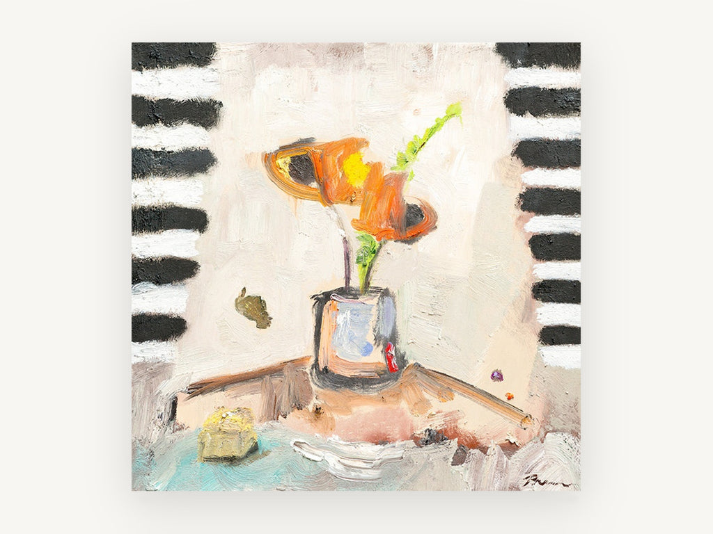 Orange Blooms Striped Backdrop, floral canvas wall art print, front view