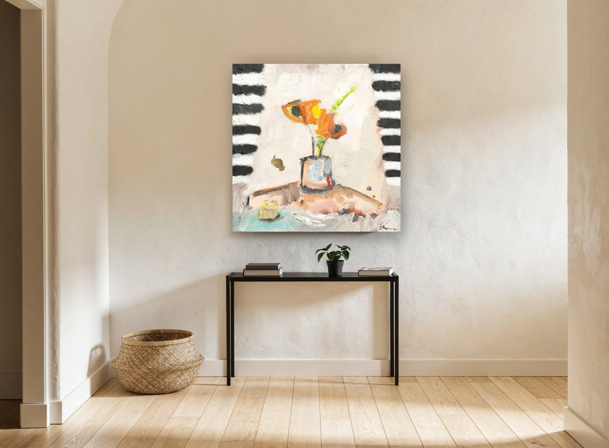 Orange Blooms Striped Backdrop floral canvas print on the wall of a hallway