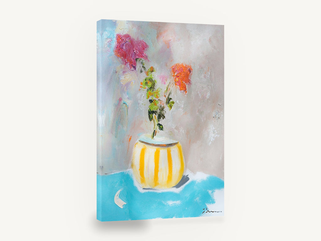 Striped Pot Bouquet, striped vase pink orange flowers painting, floral canvas wall art print ready to hang