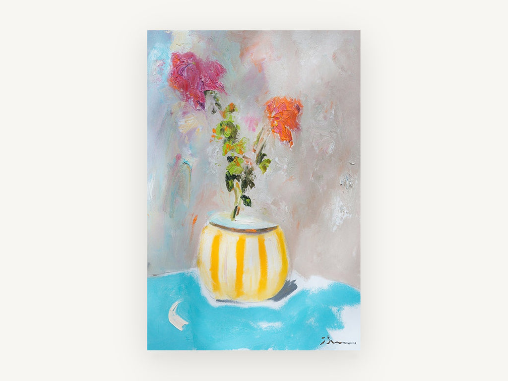 Striped Pot Bouquet, floral canvas wall art print, front view