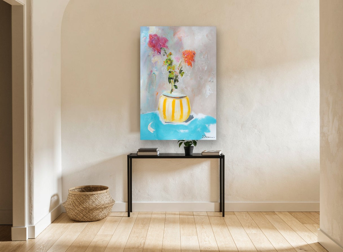 Striped Pot Bouquet floral canvas print on the wall of a hallway