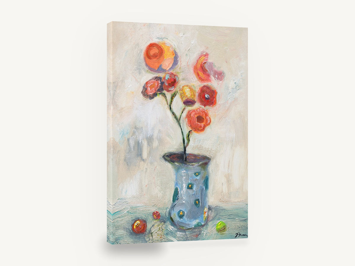 Coral Blooms in Blue Vase, coral flowers blue vase oil style still life, floral canvas wall art print ready to hang