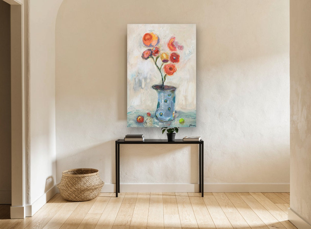 Coral Blooms in Blue Vase floral canvas print on the wall of a hallway