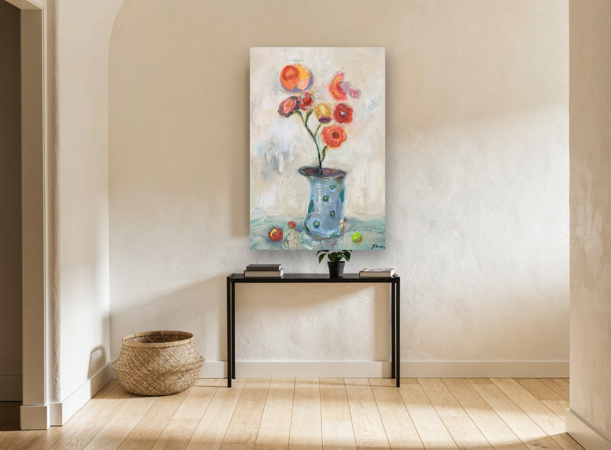 Coral Blooms in Blue Vase floral canvas print on the wall of a hallway