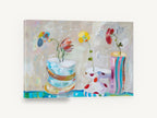 Three Playful Vases, whimsical flowers in vases still life, floral canvas wall art print ready to hang