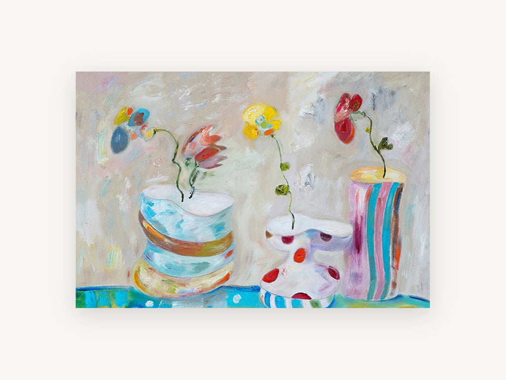 Three Playful Vases, floral canvas wall art print, front view